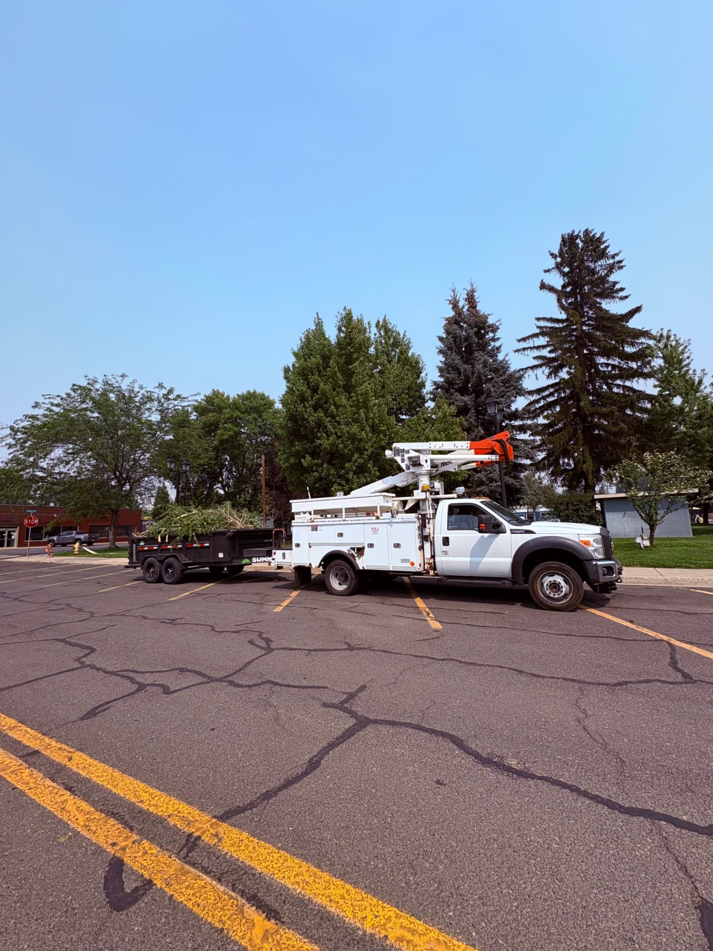 Bucket truck and dump trailer loaded with brush after a job